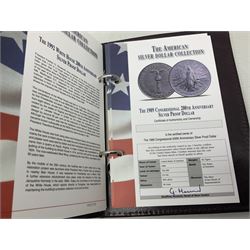 Five United States of America commemorative silver proof coins, comprising 1986, 1987, 1989, 1992 one dollars and 1982 half dollar, all with certificates