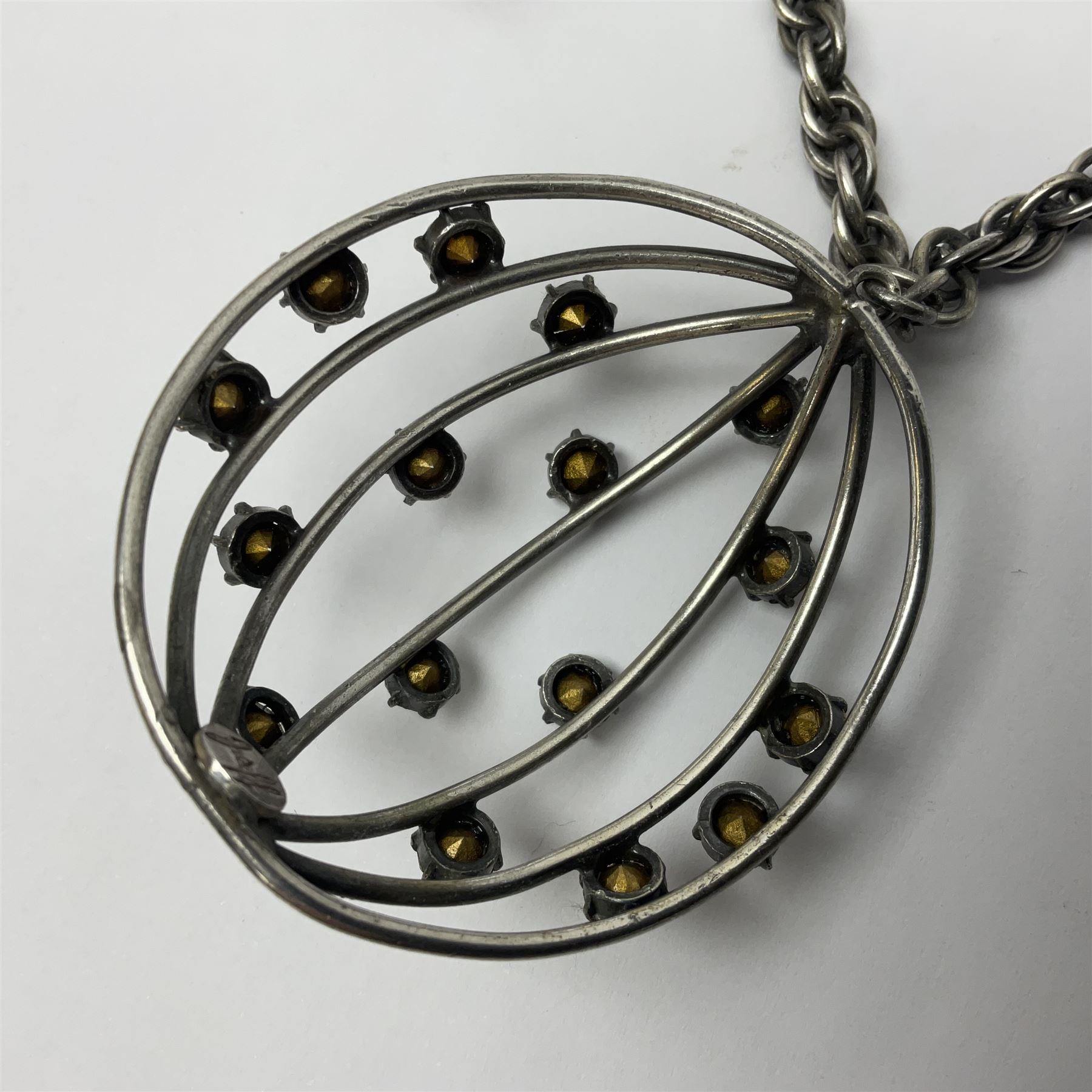 Joseff of Hollywood, circa 1950s metal and white paste necklace, with three graduated pendant drops set with white paste, to a Prince of Wales chain, signed with round script tag