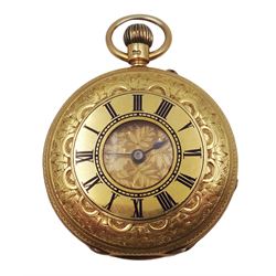 Victorian 18ct gold half hunter ladies keyless pocket watch by G E Searle & Son, Plymouth, No. 45189, gilt dial with Roman numerals, case engraved and engine turned with flower and scroll decoration with central cartouche, case by Philip Woodman & Sons, London 1886