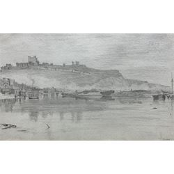 John Constable RA (British 1776-1837): 'Dover', pencil sketch titled and dated 1803, inscribed verso 14cm x 23cm 
Provenance: deceased estate/house clearance in the Leeds/York area, located in a suitcase with broken glass - back opened and glass replaced prior to auction. With The Little Gallery, 5 Kensington Church Walk, London W8, who were active around 1971-1975 specialising in big name artists but the pictures were often sketches, untypical works, thumbnail drawings etc (far more readily available at this period). There are many other examples of big name artist's pictures being sold with the same Gallery label in the same handwriting. The back of the drawing is inscribed 'J Constable' probably in the handwriting of John Fisher, his friend and patron, who on Constable's death dispersed many sketches and scrapbooks. Notes: Constable made a series of drawings, mainly of shipping, during his voyage on the East Indiaman 'Coutts' from London to Deal in April 1803. In a letter to his good friend John Dunthorne, dated 23rd May 1803, he writes 'I came on shore at Deal, walked to Dover (about one and a half hours) and the next day returned to London', giving him a half day in Dover.