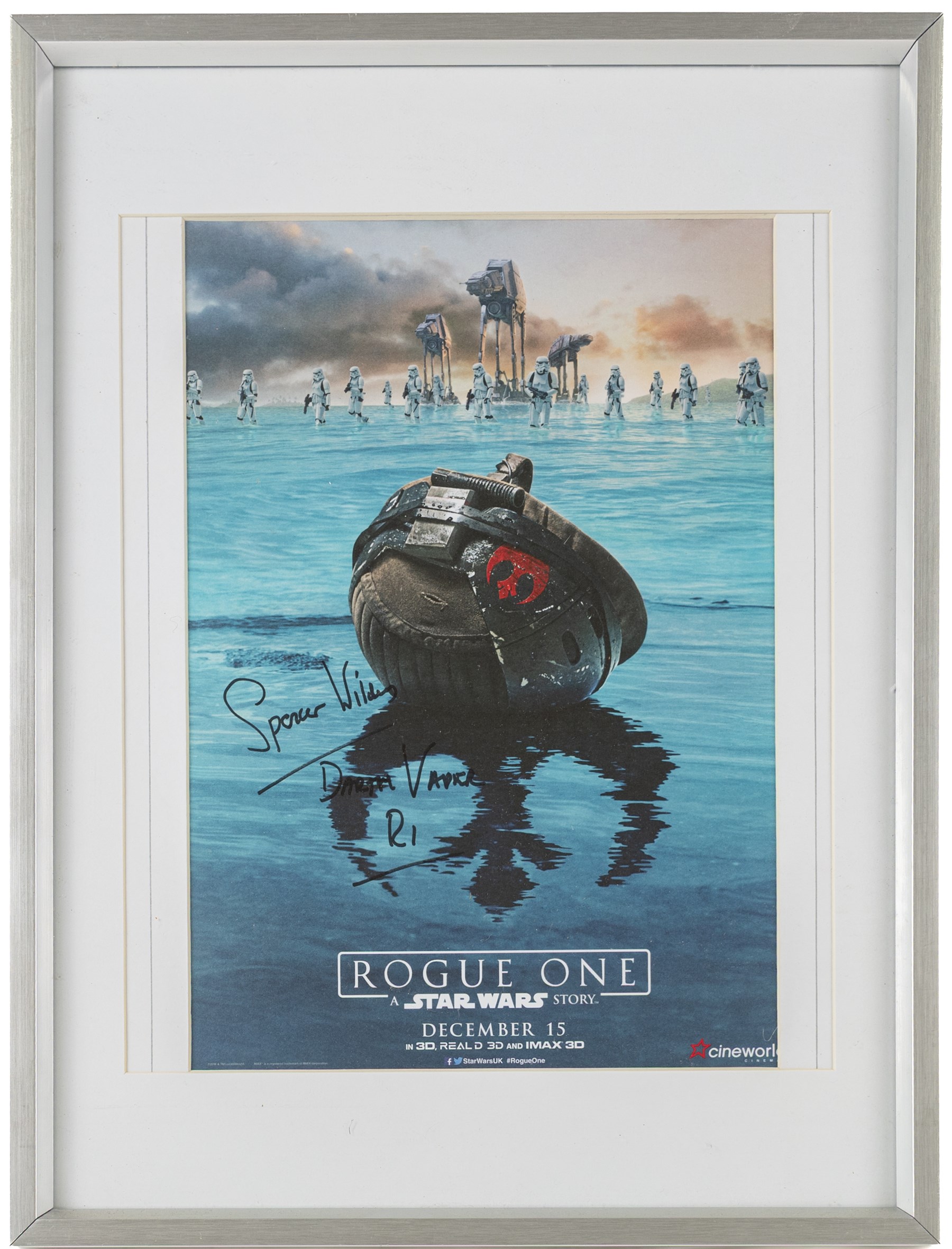 Signed Star Wars prints, comprising Rogue One Cineworld poster signed by Spencer Wilding (Darth Vader), portrait of Lando Calrissian signed by Billy Dee Williams, still of Boba Fett and Jango Fett signed by Daniel Logan and Temuera Morrison and a still of Darth Maul signed by Ray Park, R2-D2 signed by Kenny Baker and a C-3PO montage signed by Anthony Daniels, all framed 