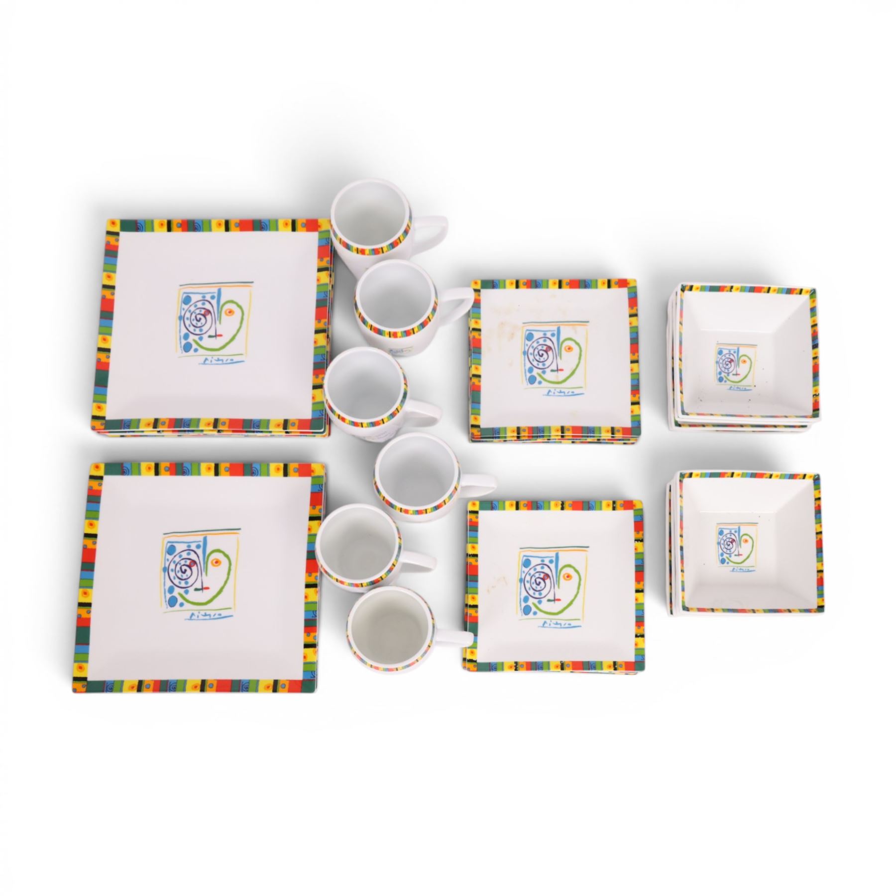 Succession Picasso The Heart pattern dinner service circa 2005, comprising eight dinner plates, eight side plates, eight bowls and six mugs, all with printed mark beneath