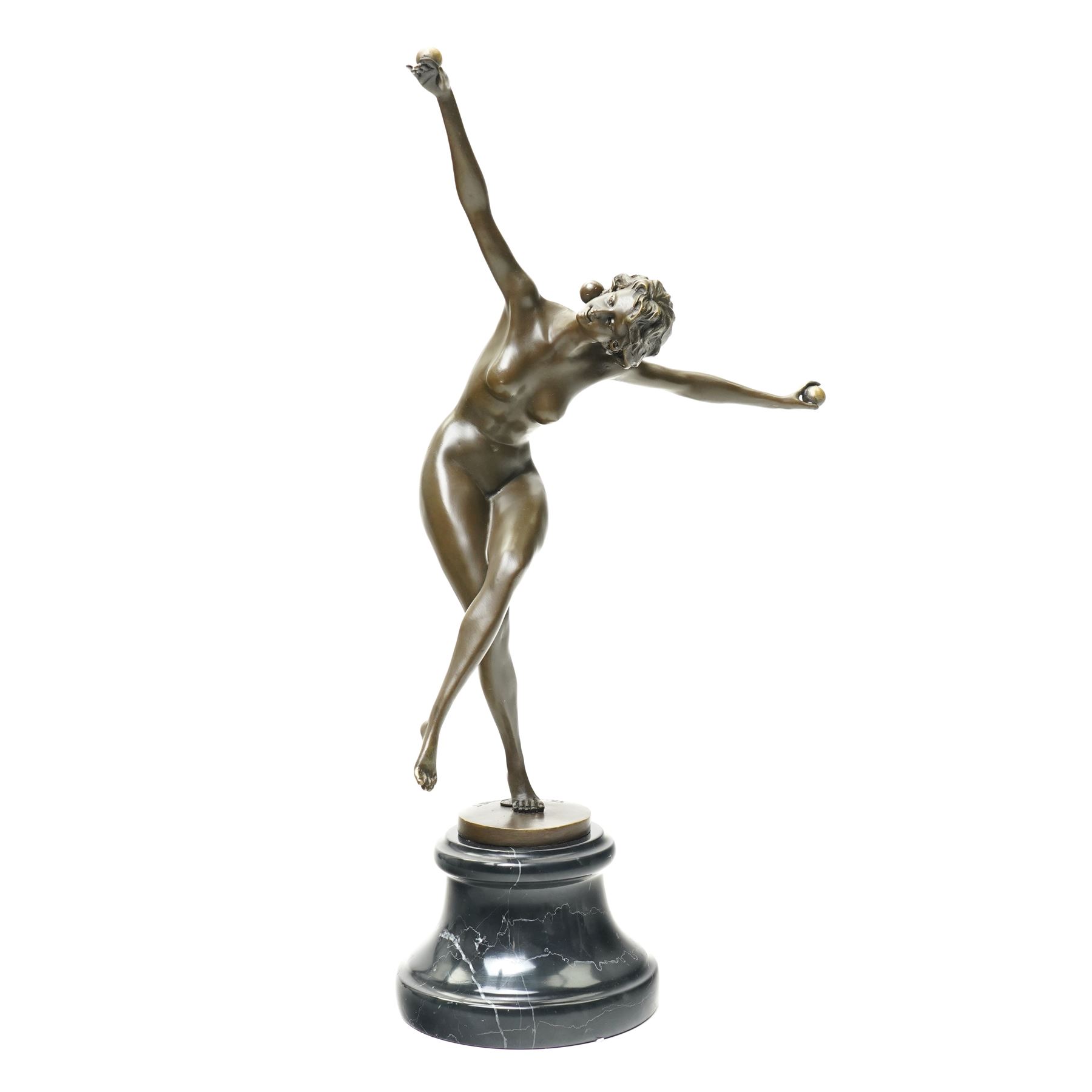 After Colinet - art deco style bronze of a juggler, on circular marble base, H43cm