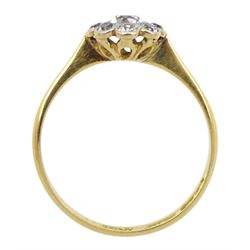 Early 20th century gold milgrain set white sapphire flower head cluster ring, stamped 18ct Plat