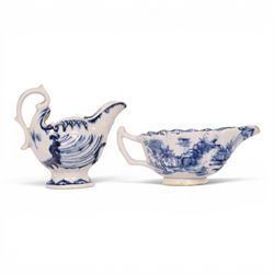 Derby blue and white dolphin ewer cream boat, circa 17750, H8cm, together with a Bow blue and white cream boat, decorated in the Desirable Residence pattern, circa 1760, L11.5cm