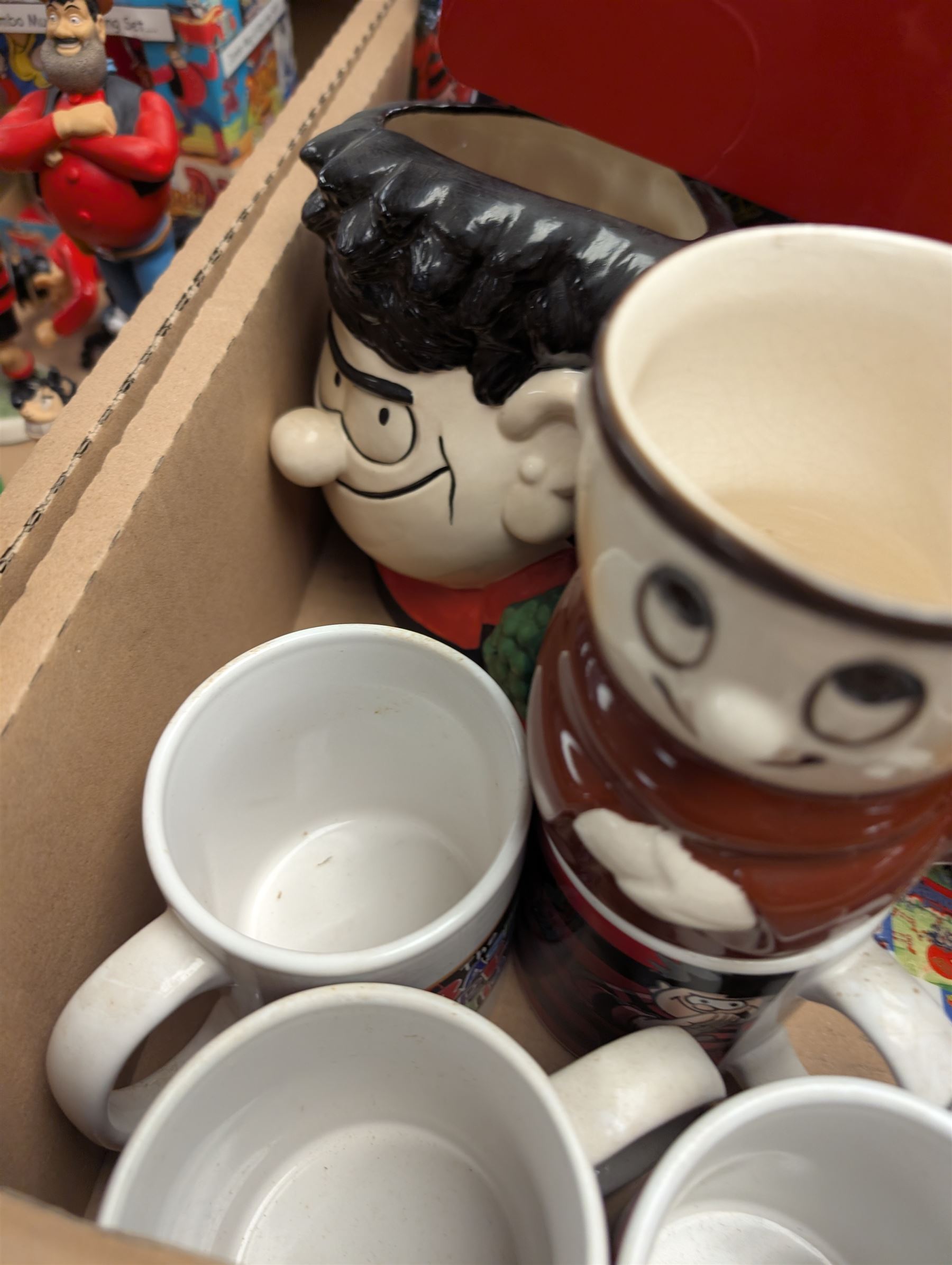 Collection of Robert Harrod The Beano Dandy Collection figures including Desperate Dan, Teach, Rodger the Dodger and Chips together with Beano collectibles including mugs, stamps, etc