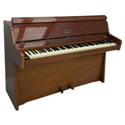 Kemble - Mini X  miniature upright piano in sapele mahogany case, with an iron overstrung frame, underdamper action, original hammers, dampers and felts, with sustain and sostenuto pedals, 88 keys (seven octave) keyboard. 