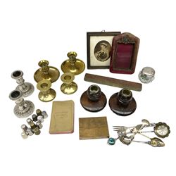 Four hallmarked silver thimbles, WWI soldiers pocket active service testament 1916, souvenir spoons, frames, four pairs of candlesticks to include wood and brass examples, brass mounted spirit level etc