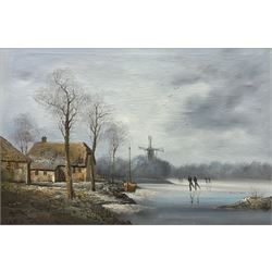 Continental School (20th century): Ice Skating on Dutch Canal, oil on canvas indistinctly signed 59cm x 89cm 