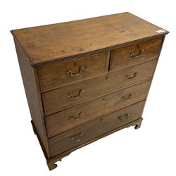 George III oak straight-front chest, fitted with two short over three long graduating drawers, lower moulded edge over shaped bracket feet