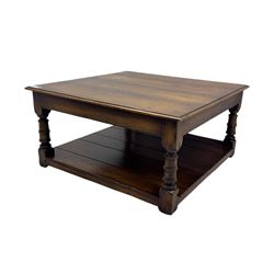 Oak coffee table, square moulded top on turned supports united by undertier 