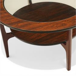 Mid 20th century Greaves & Thomas simulated rosewood circular coffee table, inset glass top with circular undertier on four tapering legs