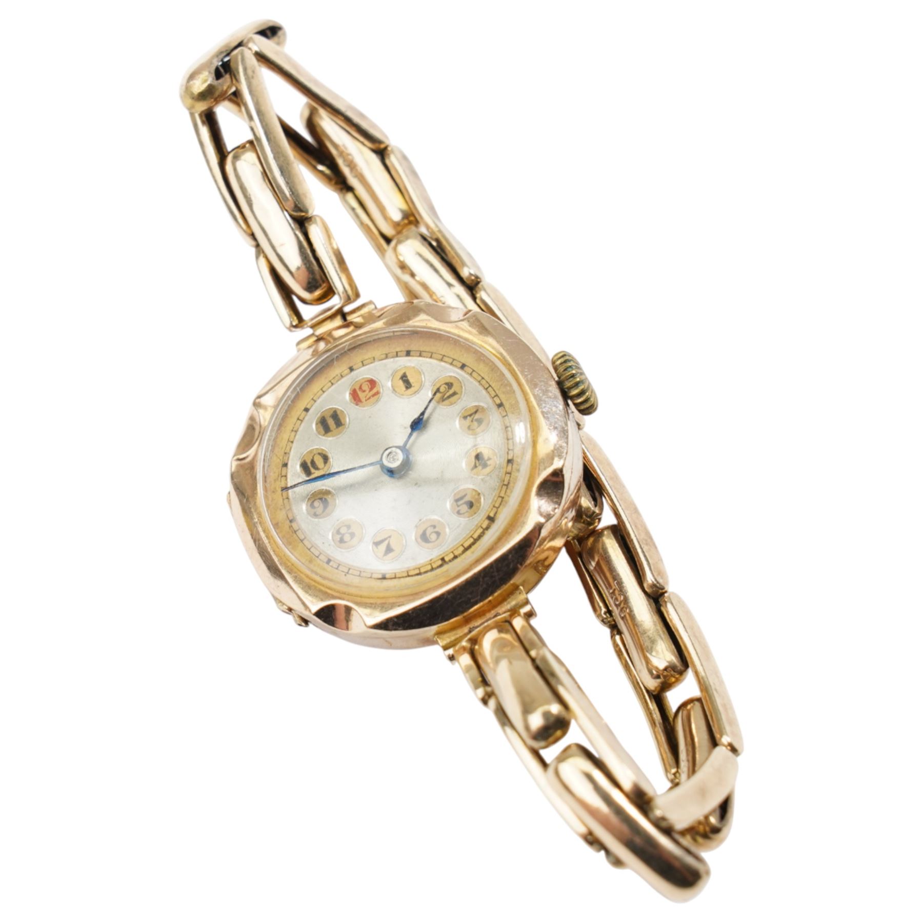 Two 9ct gold manual wind wristwatch, one on expanding 9ct gold bracelet, the other with gold-plated heart link bracelet