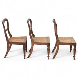 Gillows - Set of six mahogany dining chairs, each with curved top rail carved with floral medallion and scroll detail, fluted front supports, caned seats, the seat rail underside stamped HH identified as H. Howse an apprentice cabinetmaker at Gillows.