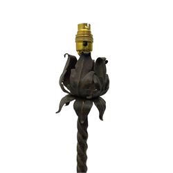 20th century wrought metal standard lamp, foliage leaf sconce on twist stem, the base of scrolled metal work