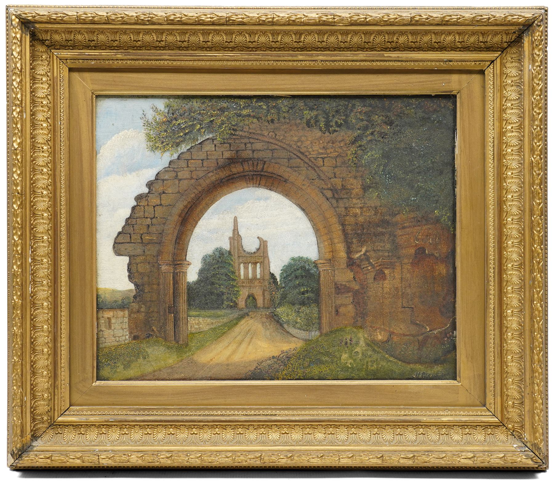 H Fisher (British 19th century): 'Byland Abbey - Yorks', oil on wood panel signed, titled and inscribed 'Sketched 1881 - Copied 1886' verso 29cm x 37cm