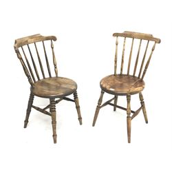 *Pair Victorian stick back chairs, circular seat with turned supports joined by H shaped stretcher