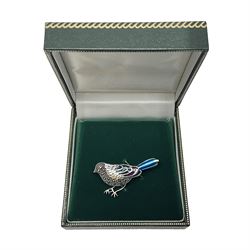 Silver plique-a-jour and marcasite bird brooch, stamped 925 