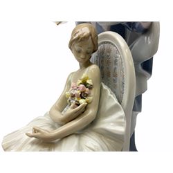 Large Lladro figure, Jester Serenade, modelled as a ballerina with bouquet of flowers seated before a jester playing the violin, with printed mark, impressed model number 5932 and signed beneath, H36.5cm