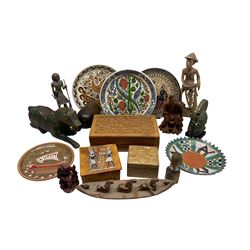 Two Greek Kerameikos plates together with a Kepamik plate and other Grecian style ceramics, carved African figures and treen, boxes etc 