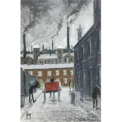 Geoffrey Woolsey Birks (Northern British 1929-1993): Horse and Cart in an Industrial Street, pastel signed 15cm x 10cm 
Provenance: private collection, purchased David Duggleby Ltd 9th September 2016 Lot 274