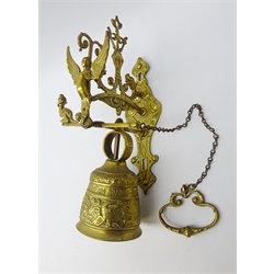  Cast brass Monastery type bell inscribed 'Vocem Meam Audit Qui Me Tangit' on wall bracket, H36cm  