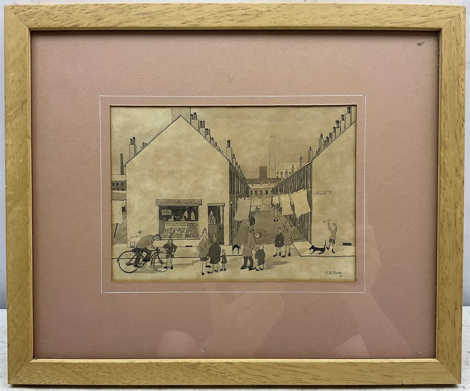 Geoffrey Woolsey Birks (Northern British 1929-1993): 'Sam's Butcher and Mill Street', ink and wash signed and dated '73, 14.5cm x 20cm 
Provenance: private collection, purchased Capes Dunn & Co. 5th April 2016 Lot 44