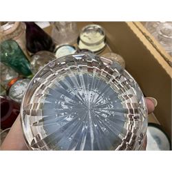 Millefiori paperweight, together with Caithness paperweight, Isle of Wight vase, cranberry glass tumblers, claret jug, decanters and other glassware, in three boxes 