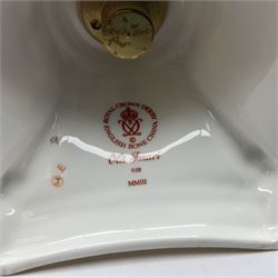 Pair of modern Royal Crown Derby Old Imari 1128 pattern candlesticks, each with shaped drip tray affixed to squat socket, upon spreading stem and canted square base with gilt dolphin edges, with printed marks beneath including Roman numeral year cypher for 2003, H26.5cm, with original boxes