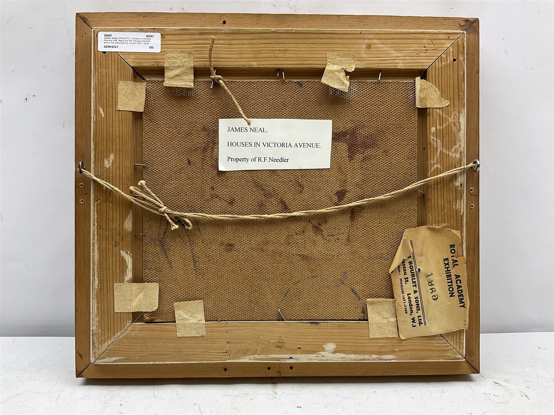 James Neal (Northern British 1918-2011): 'Houses in Victoria Avenue Hull', these are the houses opposite where the artist lived at number 205, oil on board signed, 20cm x 24cm
Provenance: East Yorkshire private collection purchased from the artist; exh. Royal Academy Summer Exhibition 1965, No.764. Neal was accepted at St Martin's School of Art in 1932, aged 14. In 1958 he moved to Hull as Lecturer in Painting and Drawing at Hull Regional College of Art, then becoming Senior Lecturer in the History of Art. Over the next fifty years he became well known for painting scenes around the Hull area. Ferens Art Gallery, has twice mounted major retrospective exhibitions of James Neal's work