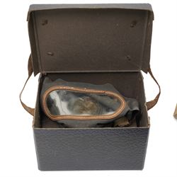 British military leather cordite shot carrier with coat of arms H52cm, Zuckerman Civil Defence helmet with liner and inscribed H.F.P. (Head of Fire Party),  and two gas masks