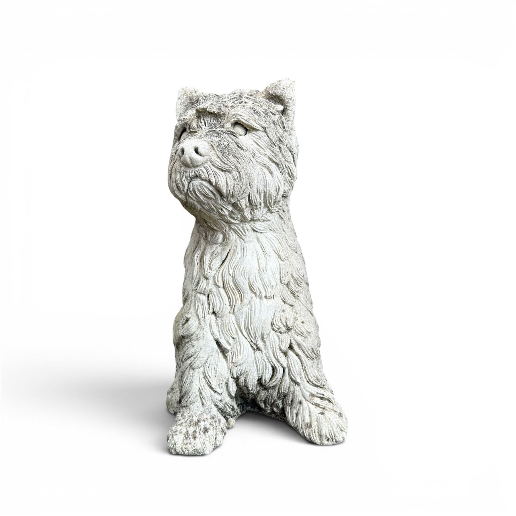 Collection of decorative cast stone garden pieces, comprising three graces bird bath, three urn planters, urn base, figure of girl and a Scottie dog (7)