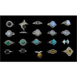 Twenty silver stone set rings including turquoise, moonstone, black onyx and tiger's eye
