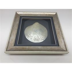 Mother of pearl shell, carved with religious scenes, in wooden frame, frame H29cm