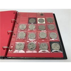 Mostly Great British coins including four Queen Victoria 1857 farthings in various grades, King George V 1927 and 1933 florins, small number of Maundy oddments, commemorative crowns etc, housed in a ring binder album