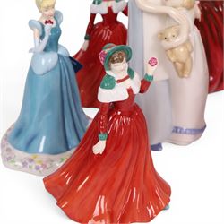 Collection of Royal Doulton figures including Autumn Stroll, April, Cinderella, The old Balloon Seller, Reflections etc 