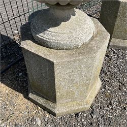 Pair of cast stone classic garden urns on hexagonal pedestal base with plinth - THIS LOT IS TO BE COLLECTED BY APPOINTMENT FROM DUGGLEBY STORAGE, GREAT HILL, EASTFIELD, SCARBOROUGH, YO11 3TX