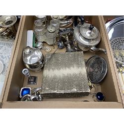 Quantity of silver-plated metal ware to include cased cutlery, tea wares, trays etc, together with other metal ware including copper, mirrors etc in three boxes