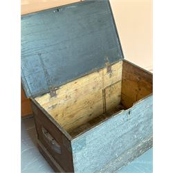 Large Victorian painted pine sea type chest, with hinged lid, copper brackets to each corner, on a skirted base. H61cm, W99cm, D59cm. - COLLECTION BY APPOINTMENT FROM: The White House, Thirsk Road, Easingwold, York, YO61 3NF - CALL 01723 507111 TO ARRANGE