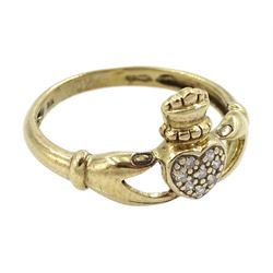 9ct gold diamond set Claddagh ring, hallmarked