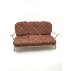 Ercol three seat Windsor sofa with loose cushions, spindle back, turned supports