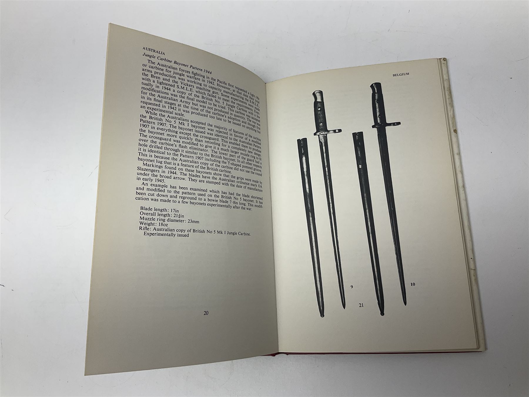 Five reference books on swords and bayonets comprising Skennerton & Richardson: British & Commonwealth Bayonets; Paul Keisling: Bayonets of the World; Leslie Southwick: The Price Guide to Antique Edged Weapons; J. Anthony Carter: Allied Bayonets of World War Two; and Les Armes Blanche (5)