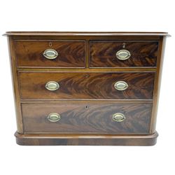 19th century walnut and mahogany chest, rounded upright corners, fitted with two short and two long cock-beaded drawers, on plinth base