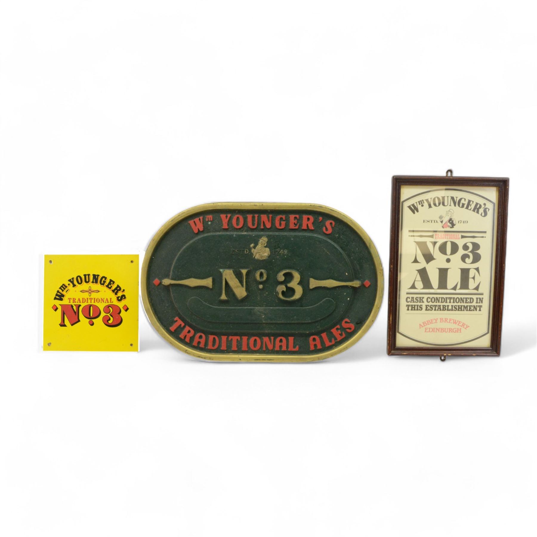 Wm Younger's No. 3 wooden advertising plaque, together with metal advertising sign and a framed poster 