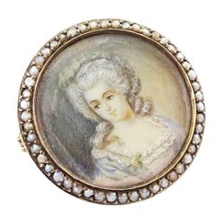 Three 19th century silver portrait brooches, each set with miniatures of women in 18th century dress on ivory, two with seed pearl surrounds and the other within a foliate paste set surround. This lot has been registered for sale under Section 10 of the APHA Ivory Act