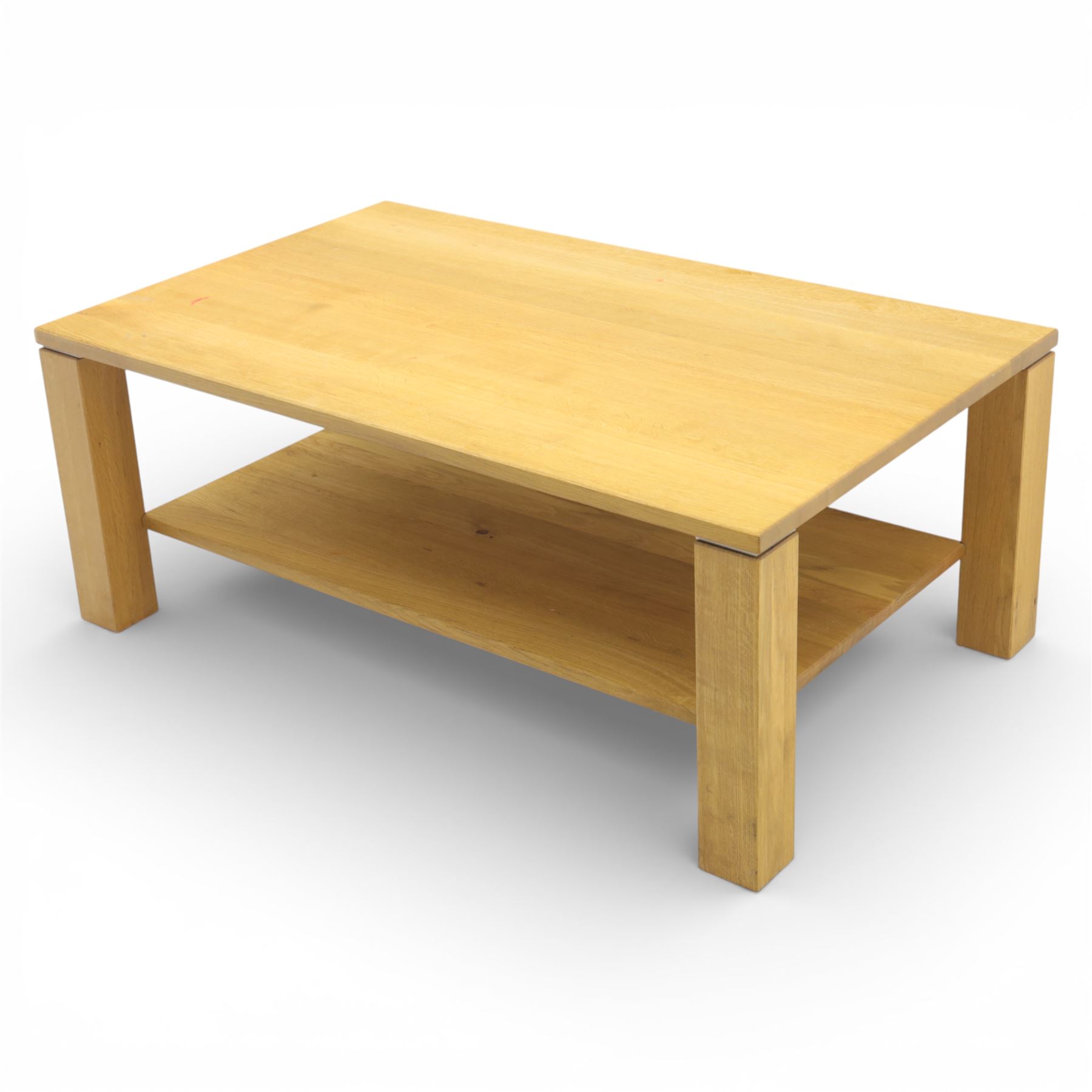 Modern solid oak coffee table, square supports united by full length under tier, raised on castors
