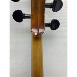 Chinese Parrot violin with 35.5cm two-piece back; L59.5cm in carrying case; and early 20th century German violin for restoration; bears label 'Antonius Stradivarius Faciebat Anno 1730'; cased with bow (2)