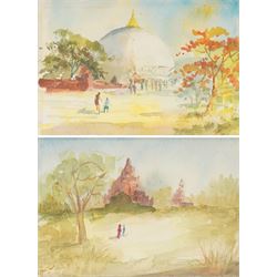 U Ba Thet (Burmese 1903-1972): Kaunghmudaw Pagoda and Burmese Buddhist monastery scene, pa...