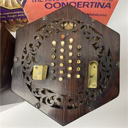Wheatstone hexagonal 48-button concertina c1843 with four-fold bellows; boxed; and three music/maintenance books