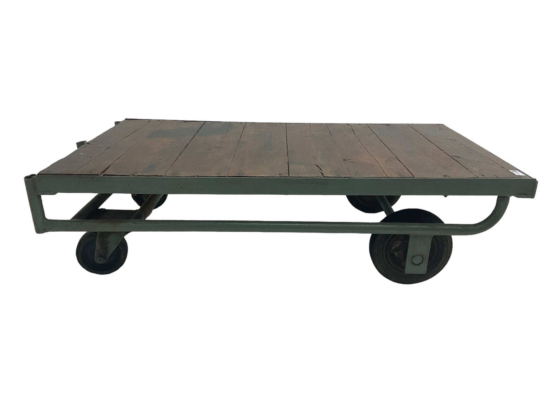 20th century wrought metal and pine railway luggage trolley or coffee table, on castors, by repute from York Station 